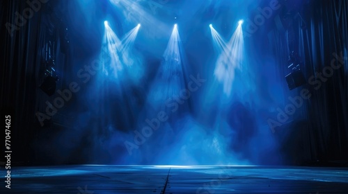 Empty stage with dramatic blue lighting and smoke effects, creating a mysterious atmosphere.