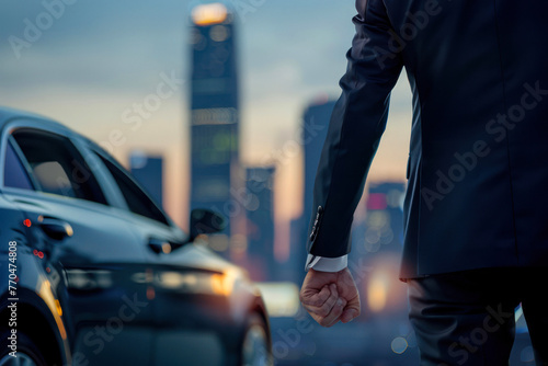 Handshake between professionals with the city skyline and a car in the background at dusk photo