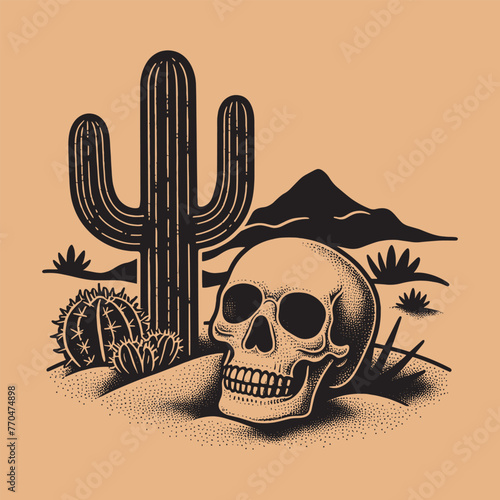 Skull on the sand under a cactus in the desert. Vintage retro engraving illustration. Black icon, isolated element	