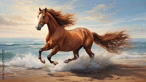 A piece of art depicting a chestnut horse charging along the coast.