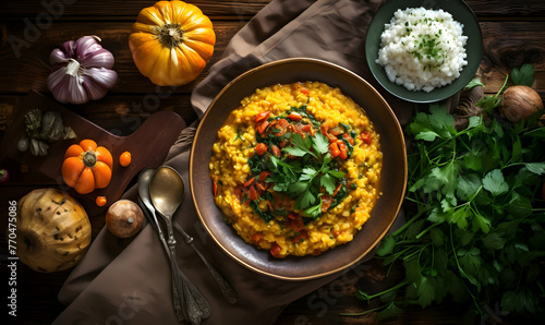 Couscous with pumpkin and chickpeas on wooden background