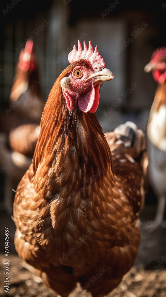 Close-up of brown hen with red comb, wattle standing in barnyard with other chickens in background. Chicken looking at camera with its beak slightly open.