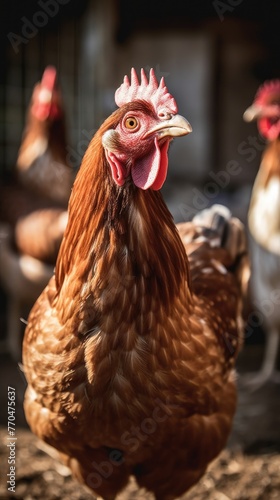 Close-up of brown hen with red comb, wattle standing in barnyard with other chickens in background. Chicken looking at camera with its beak slightly open.