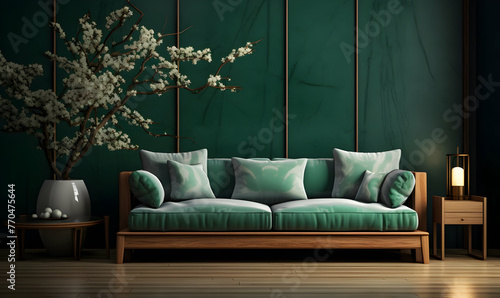 Living room with green wall and sofa, 3d rendering. Computer digital drawing