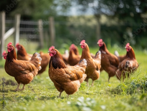 Group of seven free range hens standing on grass looking at camera. Hens mostly brown with some black, white feathers. They have red combs, wattles. Background blur of green grass, trees.
