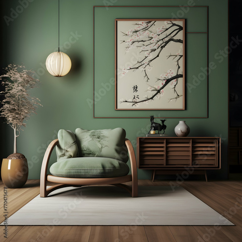 Living room with green wall and sofa, 3d rendering. Computer digital drawing