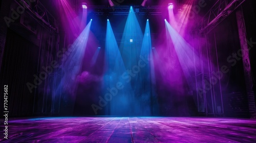 Empty stage with vibrant blue and purple stage lights and smoke effects  creating a dramatic atmosphere.