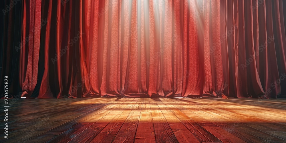 Red theater curtains with dramatic lighting on wooden stage floor, concept for performance and entertainment. - obrazy, fototapety, plakaty 