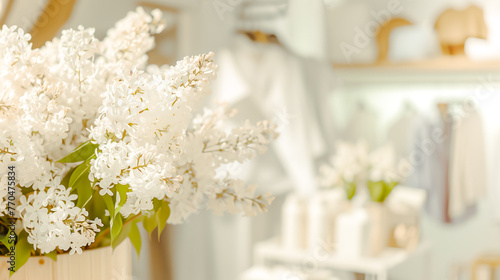 Blurred background with serene close-up of fresh white lilac branches against soft-focus sustainable shop interior backdrop, perfect for springtime wellness or retail design themes