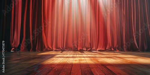 Red theater curtains with dramatic lighting on wooden stage floor, concept for performance and entertainment. photo
