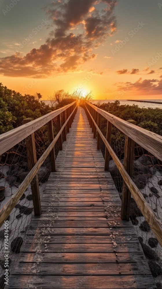 Long wooden dock leads out into calm body of water as sun sets behind it. Sky ablaze with color, water reflects warm hues. Dock made of weathered wood, railing covered in cobwebs. Water still, calm.