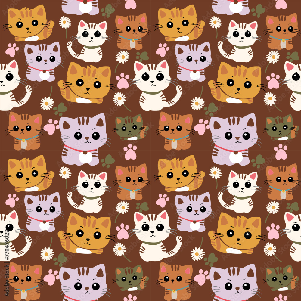 Fototapeta premium Seamless pattern with cute cats on brown background. Vector illustration.