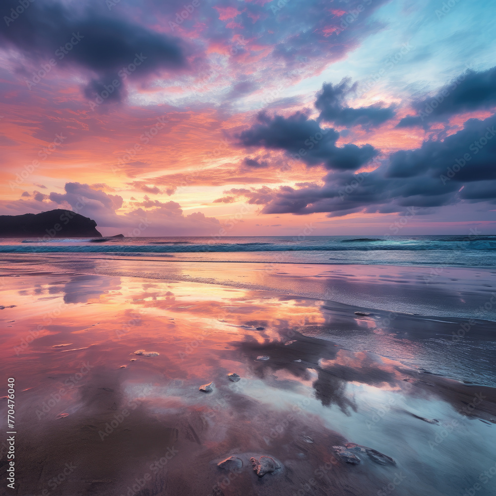 Amazing vibrant sunset over ocean. Pink, purple, blue, orange colors of sky reflected on wet sand of beach. Waves gently crashing on shore.