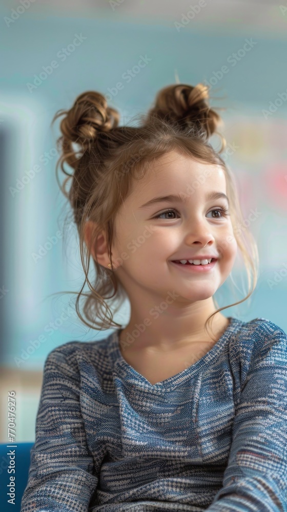Joyful toddler with curly buns smiling, radiating innocence and happiness in a casual setting or waiting room. Joyful toddler with curly buns smiling, radiating innocence and happiness in a casual setting or waiting room.