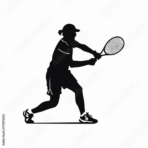 Tennis player black icon on white background. Male tennis player silhouette