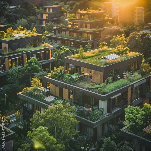 Eco-friendly homes with green roofs in a sustainable community, future living, optimistic watercolors, high angle, lush surroundings basking in golden hour light