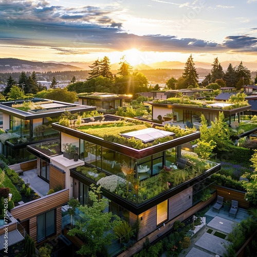 Eco-friendly homes with green roofs in a sustainable community, future living, optimistic watercolors, high angle, lush surroundings basking in golden hour light