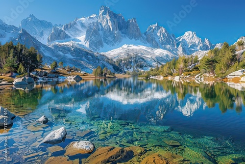 A serene mountain lake reflecting the majestic peaks that surround it in crystal-clear waters. 