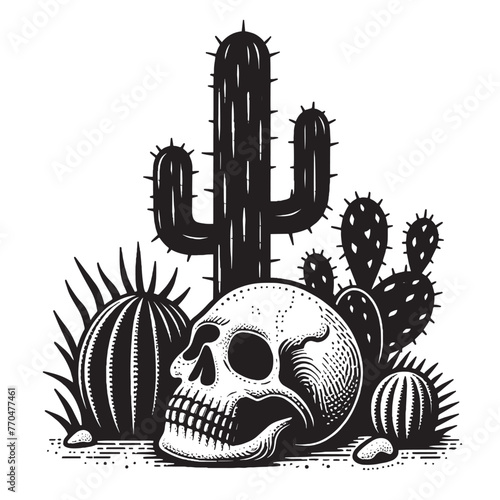 Skull on the sand under a cactus in the desert. Vintage retro engraving illustration. Black icon, isolated element	