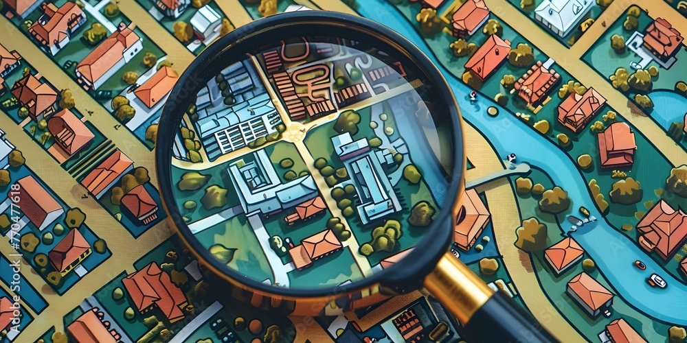 Magnifying Glass Over Detailed Neighborhood Map Showcasing Property Search and Concepts