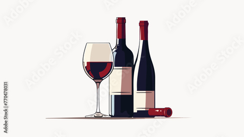 Wine bottle and wineglass icon over white background.