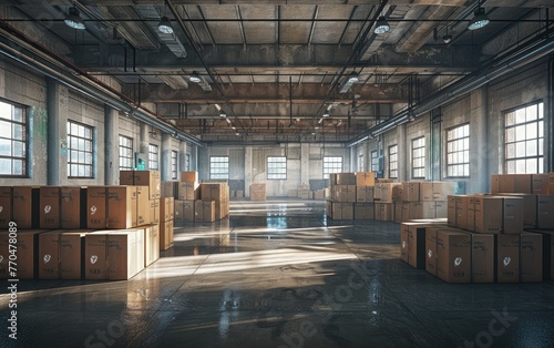 Spacious industrial warehouse with rows of cardboard boxes under natural light from large windows, suitable for logistics and storage concepts.