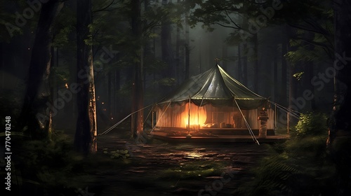 an image that captures the tranquil beauty of a forest retreat at night, highlighting the peaceful coexistence of a tent and the gentle rain that enhances the atmosphere for relaxation and meditation