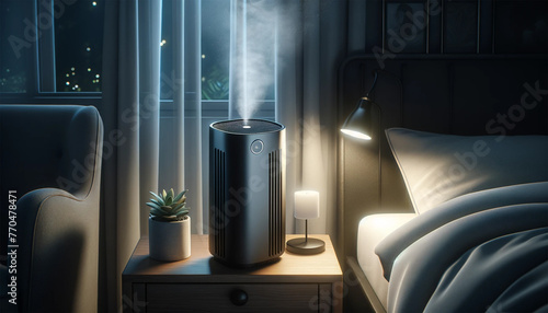 Portable air purifier on the bedside table in a dimly lit bedroom. The purifier has a modern design; a gentle stream of clean air is visible coming from above. photo