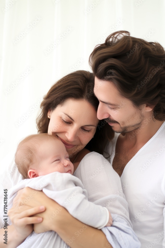 Happy couple sharing a comforting gesture, smiling at baby in arms Happy couple sharing a comforting gesture, smiling at baby in arms