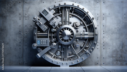 A round vault door in a bank, showing its complex design. The door is made of heavy metal with complex locking mechanisms visible.