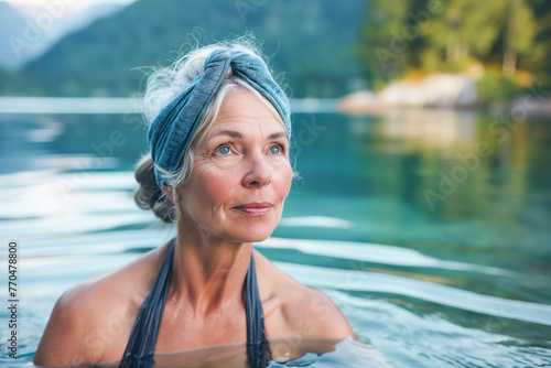 Active middle aged swimming woman