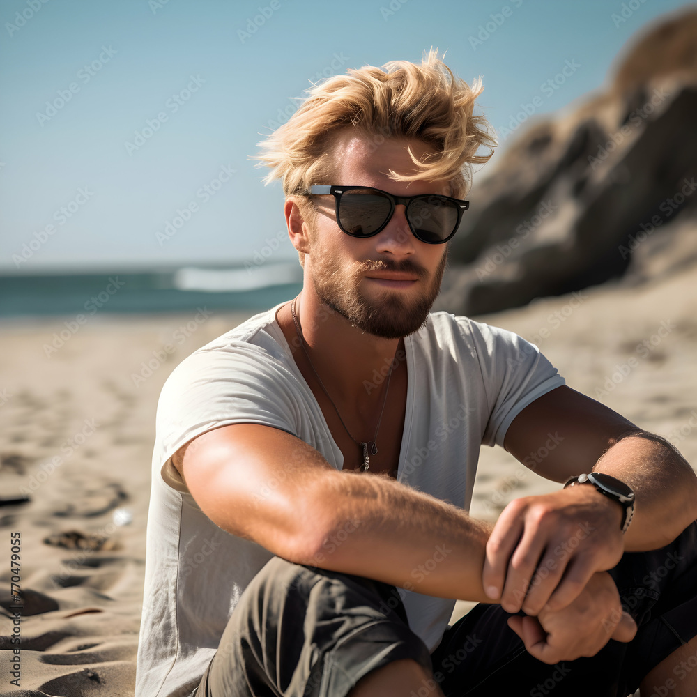Beautiful blonde man with a short beard and sun beach