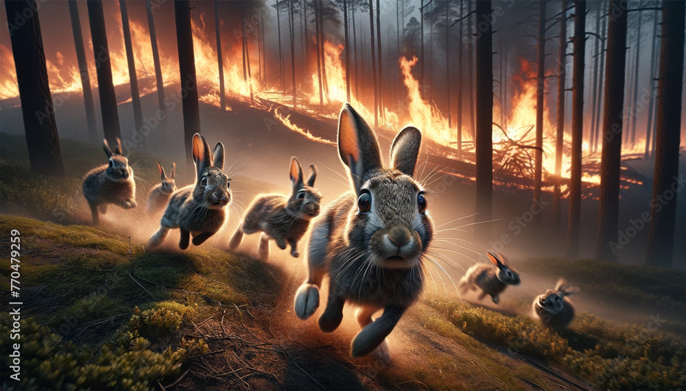 Rabbits running away from a blazing forest fire. Fear and fast movements of rabbits against the backdrop of approaching flames and a smoky forest. Wild animals escape from the fire. - obrazy, fototapety, plakaty 