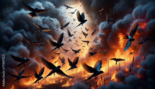 A scene where birds are flying, desperately escaping a forest fire. Close-up as flames and smoke chase birds through the air, emphasizing their silhouettes against a fiery background. Wild animals esc