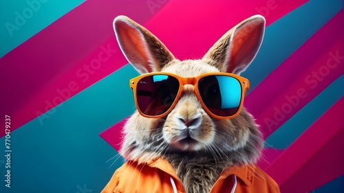 A stylish bunny wearing sunglasses on a vibrant backdrop. Artificial Generative Intelligence.