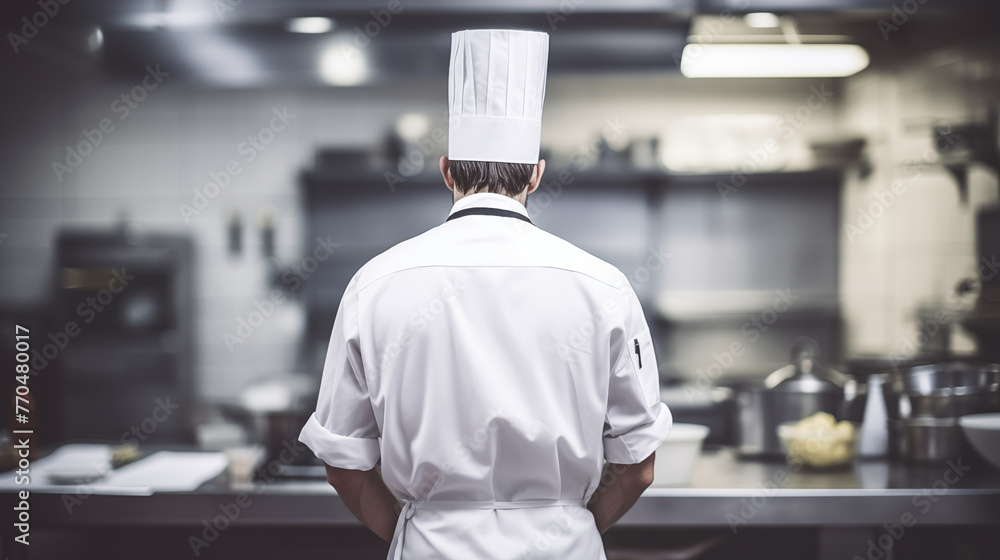 Professional chef wearing a toque in a commercial kitchen - obrazy, fototapety, plakaty 