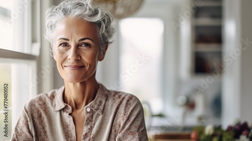 Smiling senior happy mature woman with short white grey hair. Stylish old grandmother looking at camera on blurred kitchen background