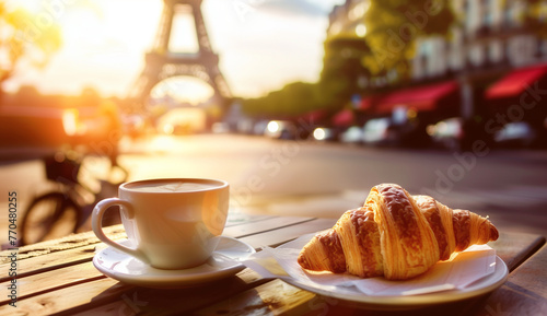 Delicious french croissants on romantic background of Eiffel tower, Paris. photo