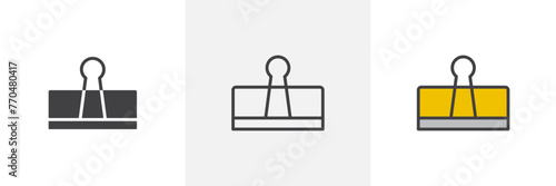 Paper Binder Clip and Office Supply Icons. Metal Document Clipping and Stationery Organizing Symbols.