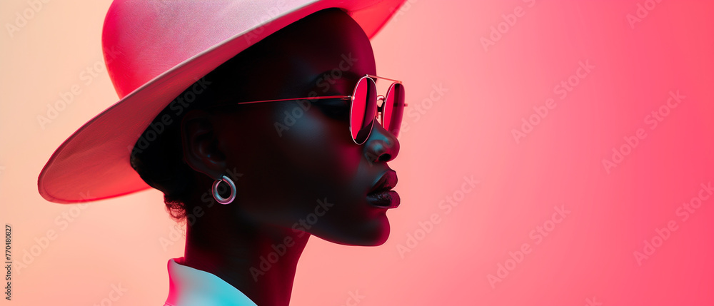 Black woman wearing hat and sunglasses, female close-up glamour