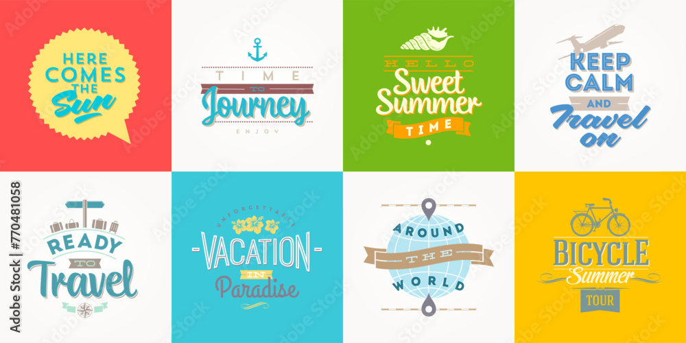 Set of vacation and travel logo and emblems. Summer holidays type design. Vector illustration.