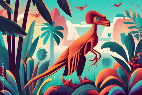 Anthropomorphic artistic image of jungle raptor in distance, illustration