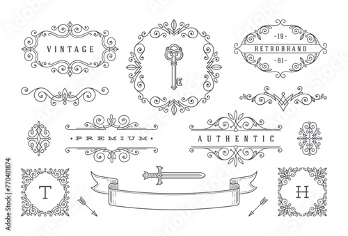 Set of vintage design elements. Flourishes and ornamental frames, border, dividers, banners and other heraldic elements for logo, emblem, heraldry, greeting, invitation, page design, identity design, 