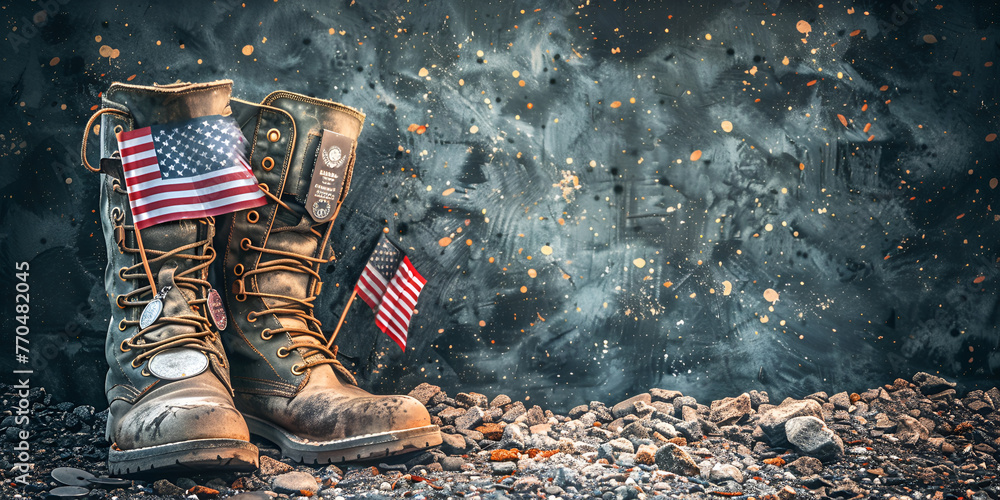 Old military combat boots with dog tags and two small American flags ...