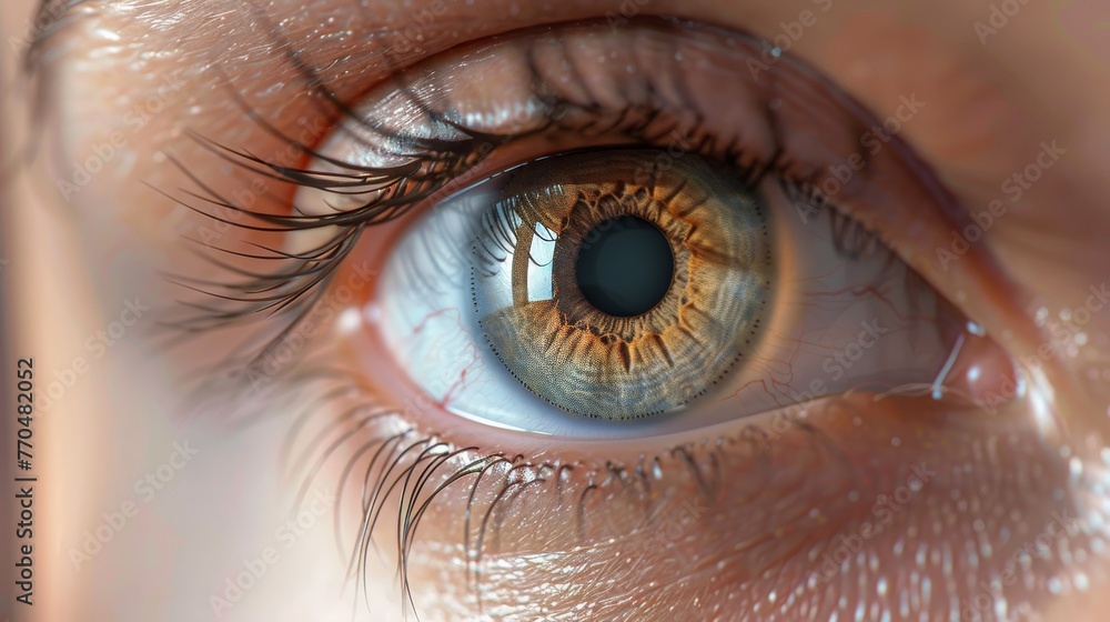 Fototapeta premium An extreme close-up photograph showcasing the intricate structure and pattern of a brown human iris with natural lighting.