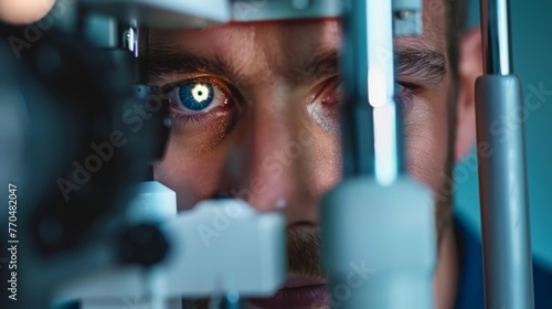 Close-up of a man's face with one eye visible through the diagnostic equipment during an ophthalmological examination.