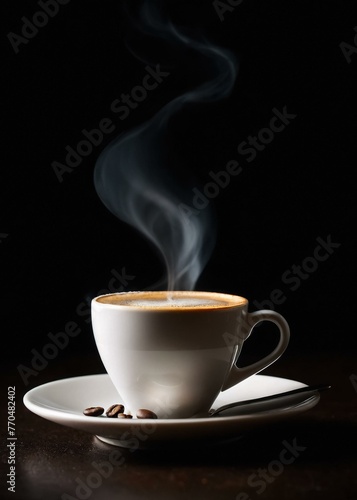 Steaming cup of coffee on a dark background. Generative AI