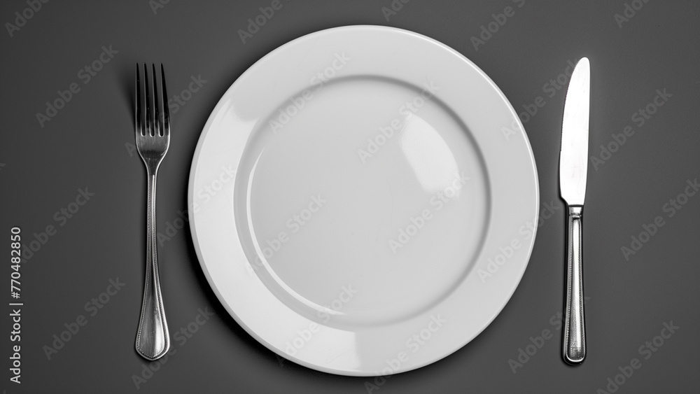Empty white plate, knife and fork on black background. 3d illustration