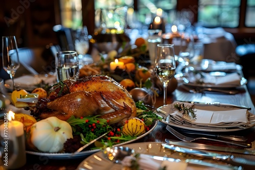 Bountiful Thanksgiving Feast Spread with Roasted Turkey and Autumn Decor on Rustic Dinner Table