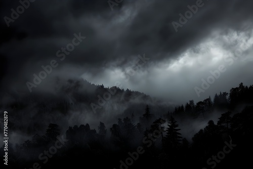 Brooding Landscapes of Misty Forests and Towering Peaks Shrouded in Ominous Clouds